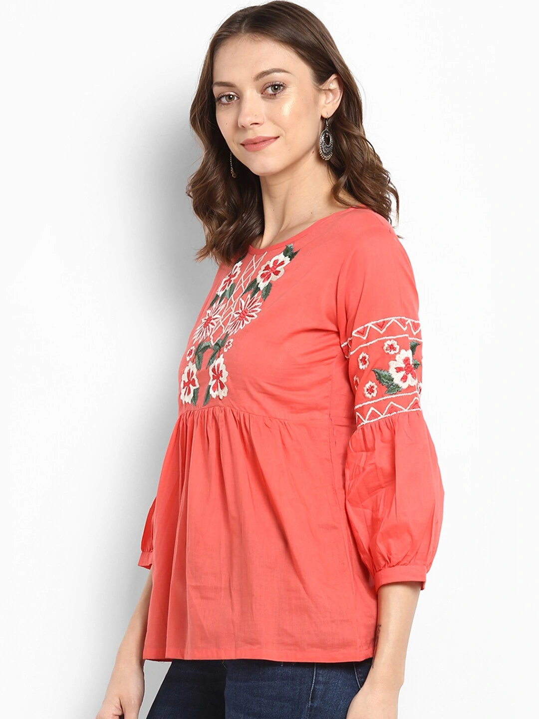 Bhama Couture Women Peach-Coloured Embellished Empire Top-L-1