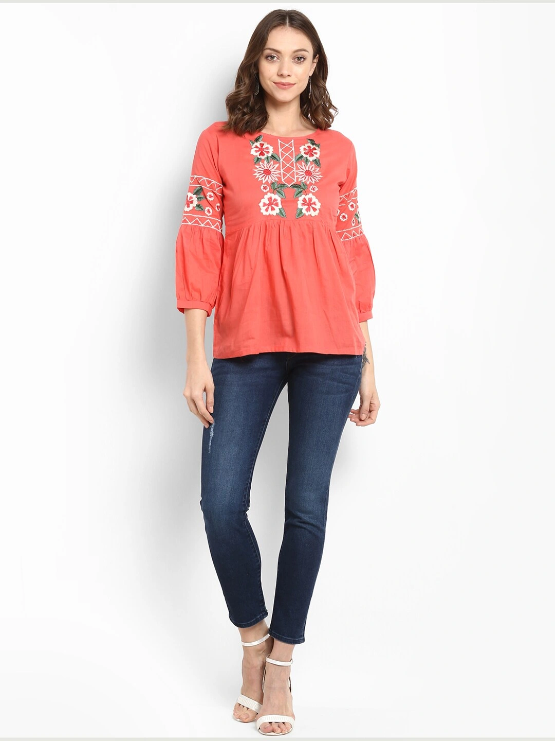 Bhama Couture Women Peach-Coloured Embellished Empire Top-L-4