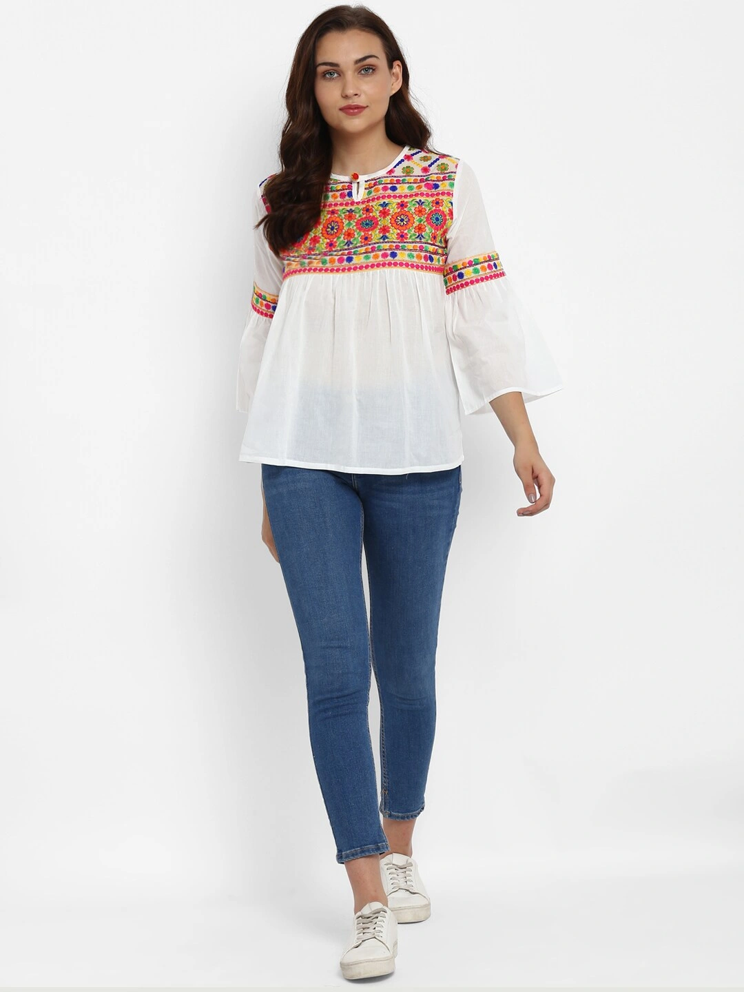 Bhama Couture Women White Embroidered Empire Top-L-4