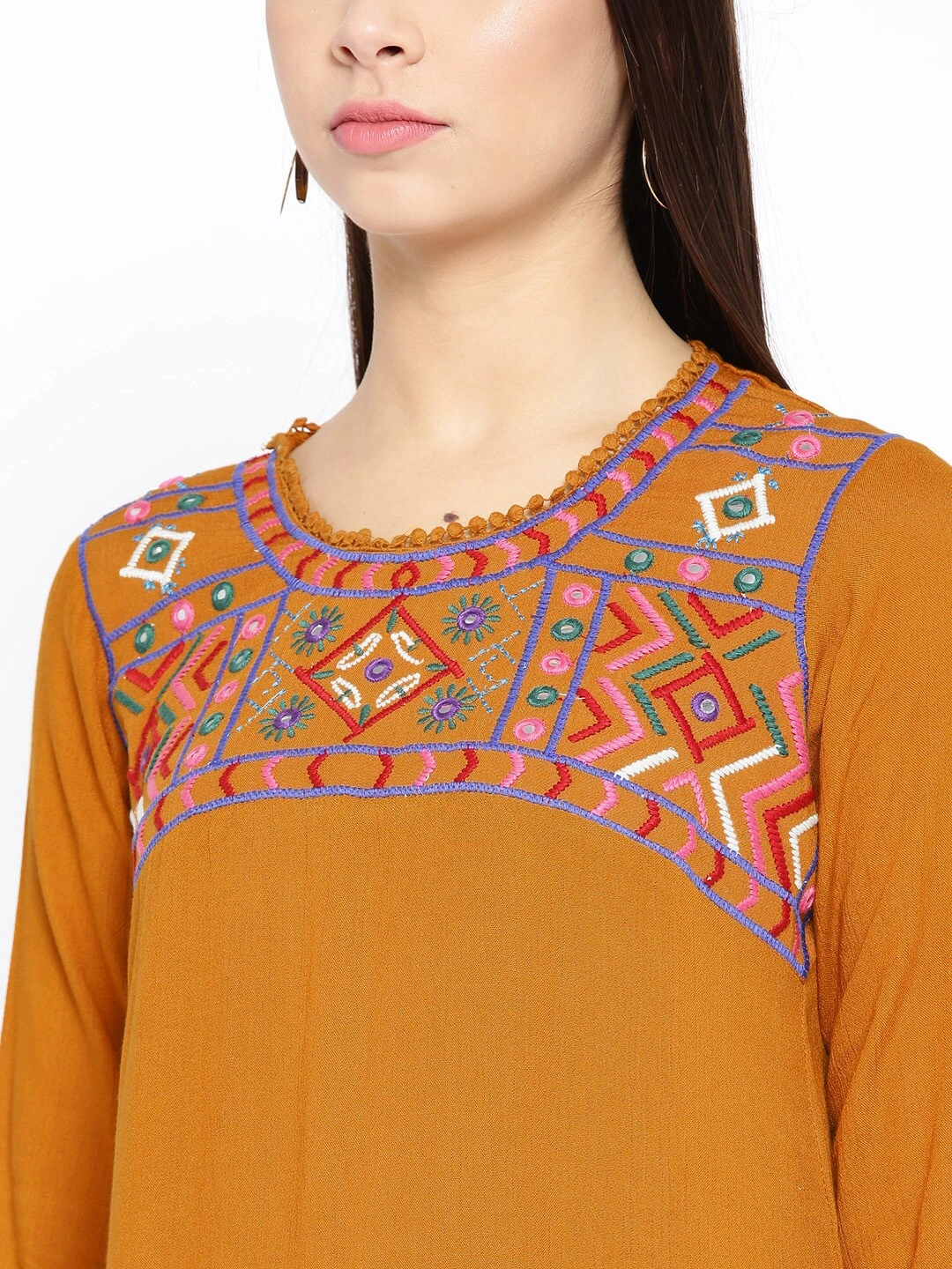 Bhama Couture Women Mustard Brown Embroidered A-Line Top-L-3