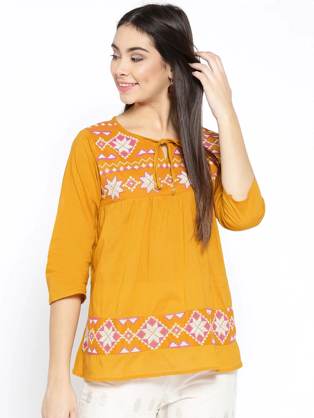 Bhama Couture Women Mustard Yellow Embroidered A-Line Top-TOP090_L