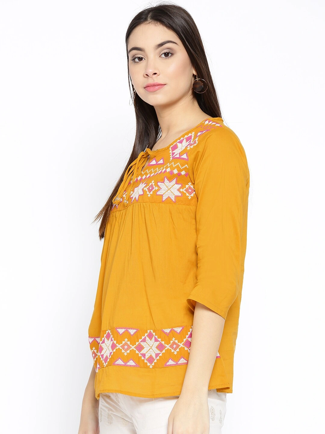 Bhama Couture Women Mustard Yellow Embroidered A-Line Top-L-1