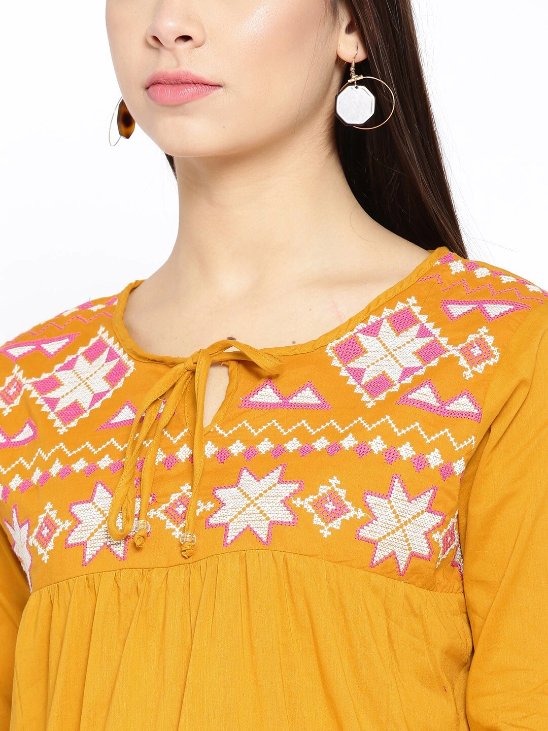 Bhama Couture Women Mustard Yellow Embroidered A-Line Top-L-3