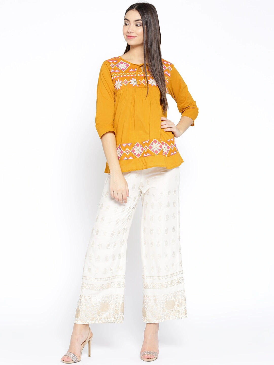 Bhama Couture Women Mustard Yellow Embroidered A-Line Top-L-4