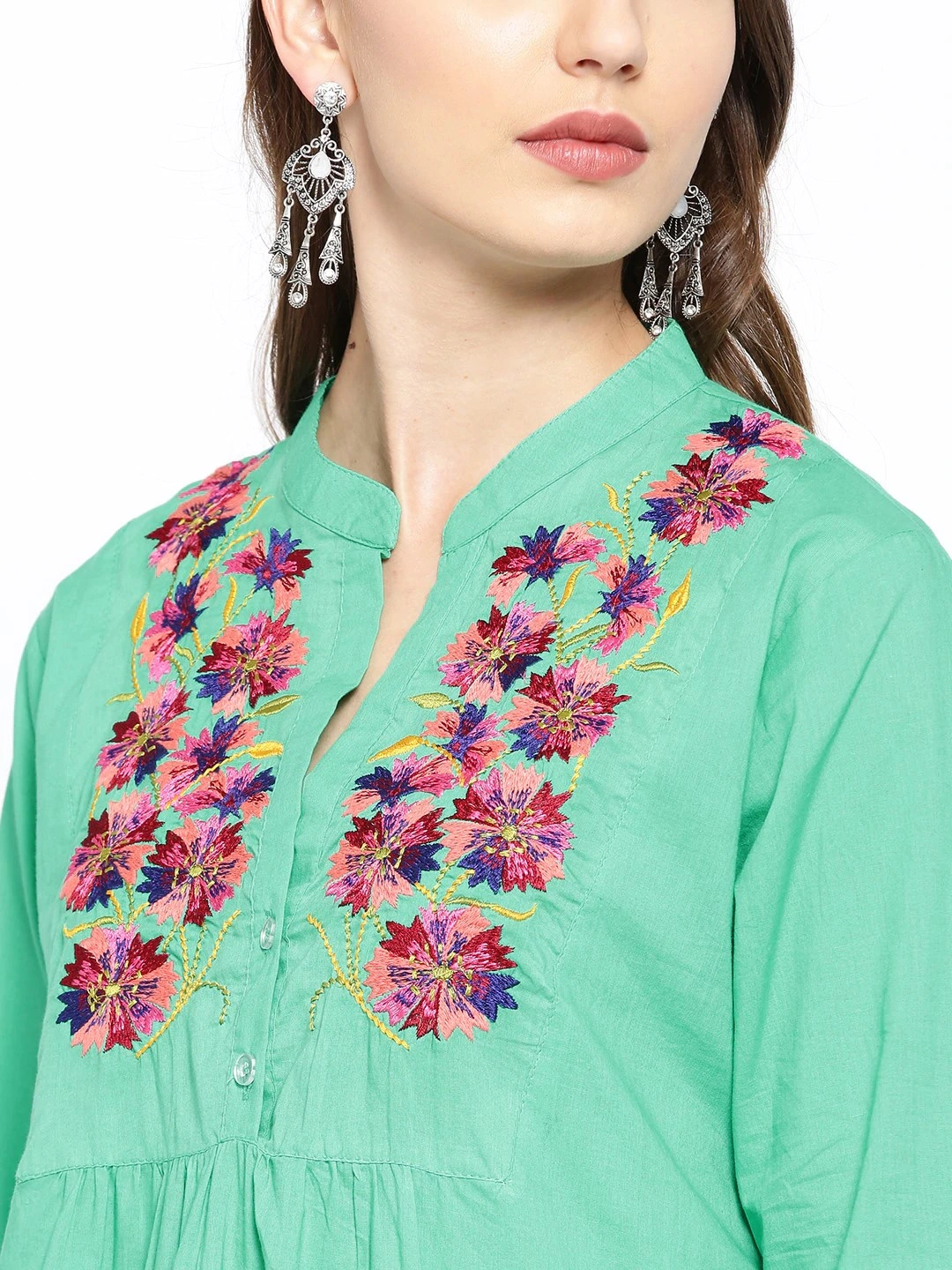 Bhama Couture Women Sea Green Embroidered A-Line Top-S-3