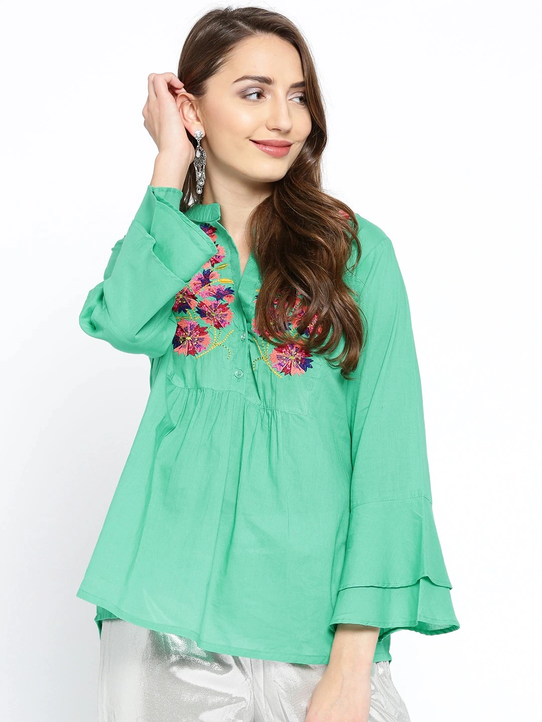 Bhama Couture Women Sea Green Embroidered A-Line Top-TOP092_XL