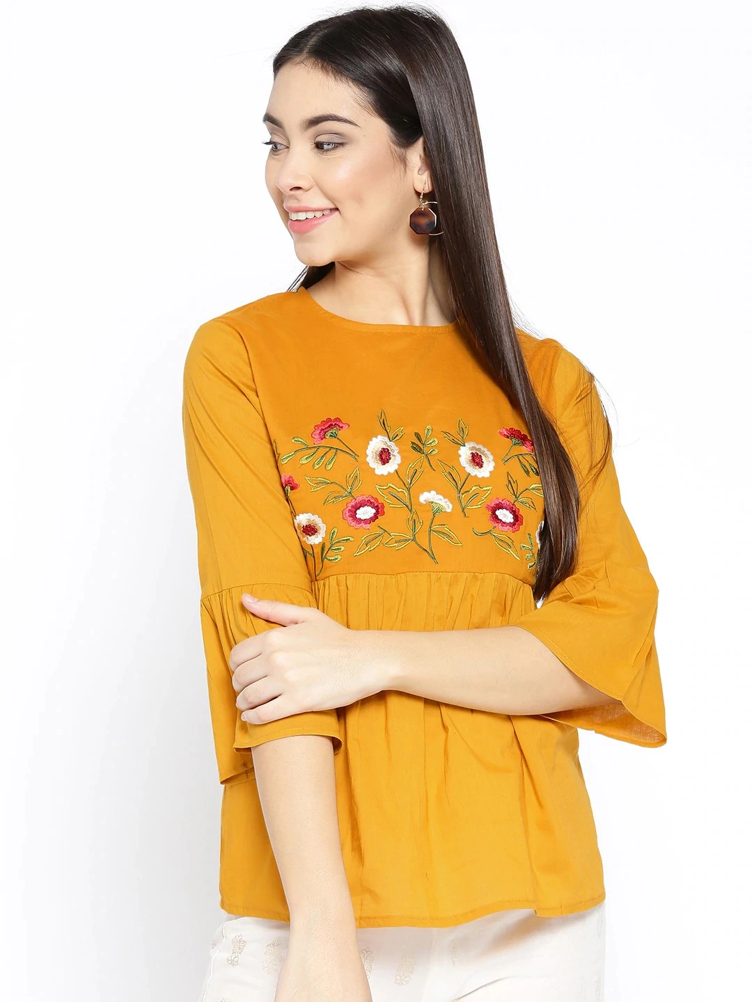 Bhama Couture Women Mustard Yellow Embroidered Empire Top-TOP094_L