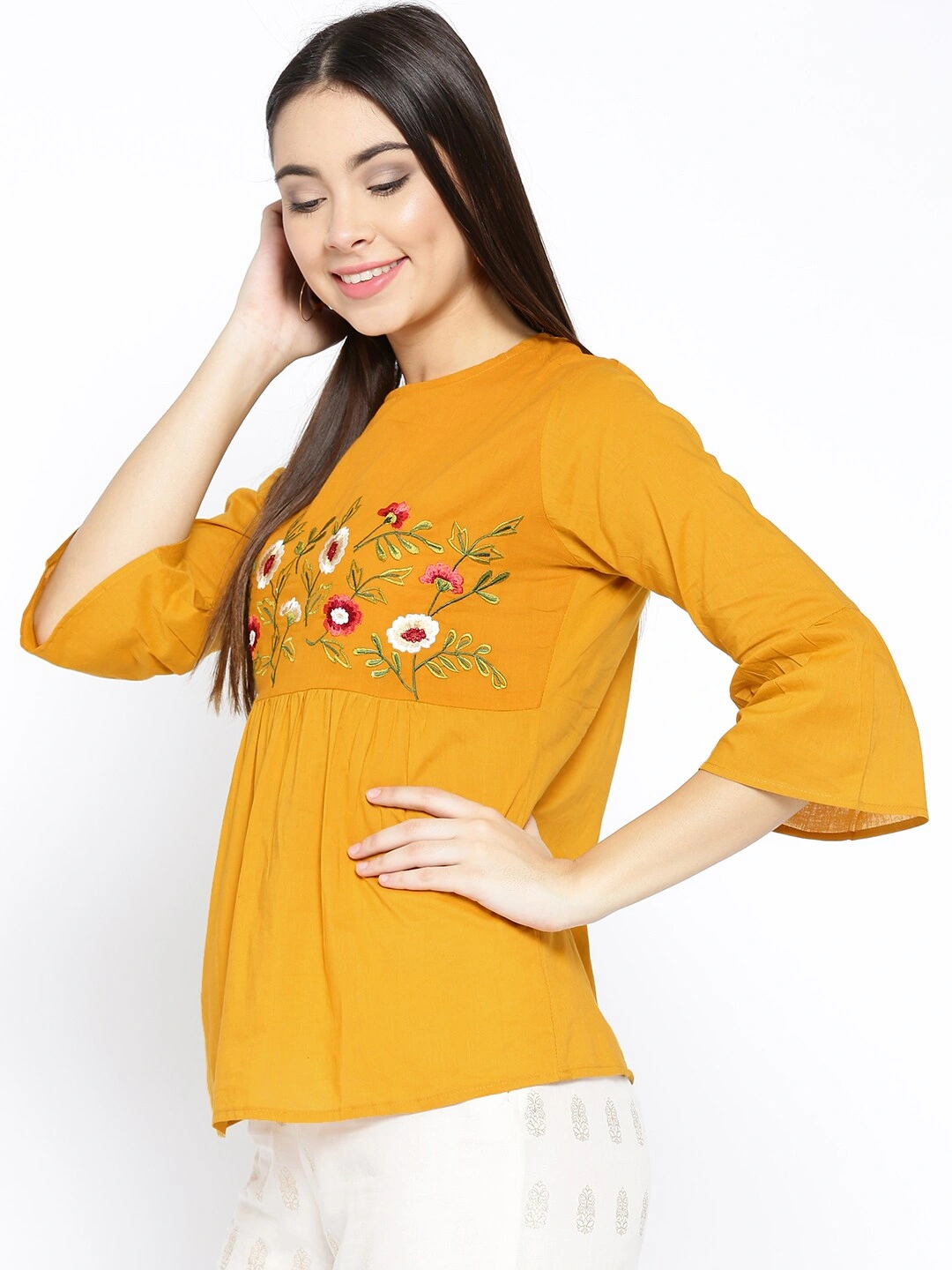 Bhama Couture Women Mustard Yellow Embroidered Empire Top-L-1