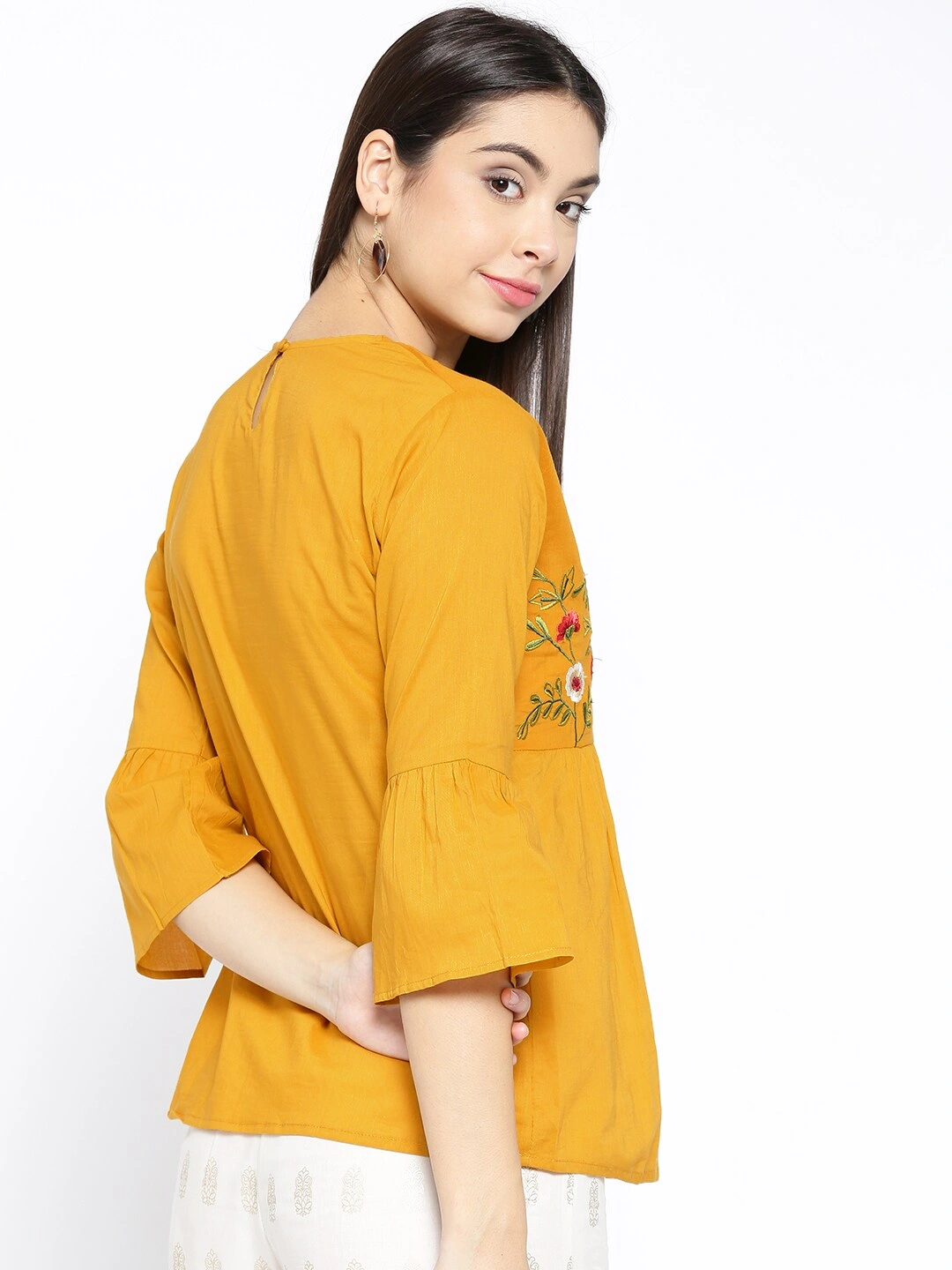 Bhama Couture Women Mustard Yellow Embroidered Empire Top-L-2