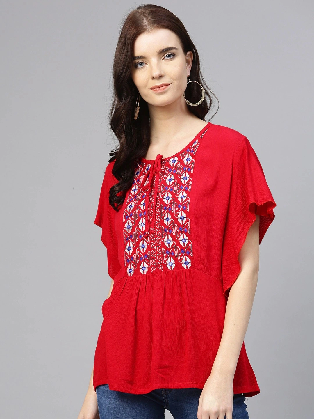 Bhama Couture Women Red Embroidered Detail A-Line Top-TOP096_L