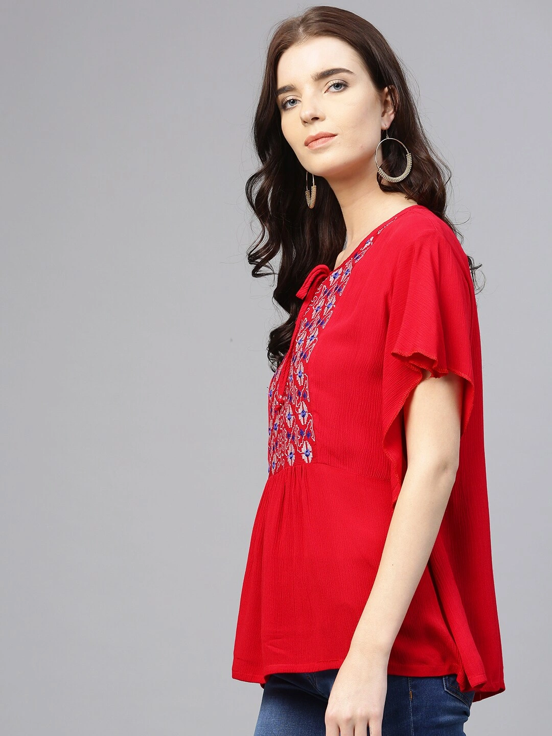 Bhama Couture Women Red Embroidered Detail A-Line Top-L-1