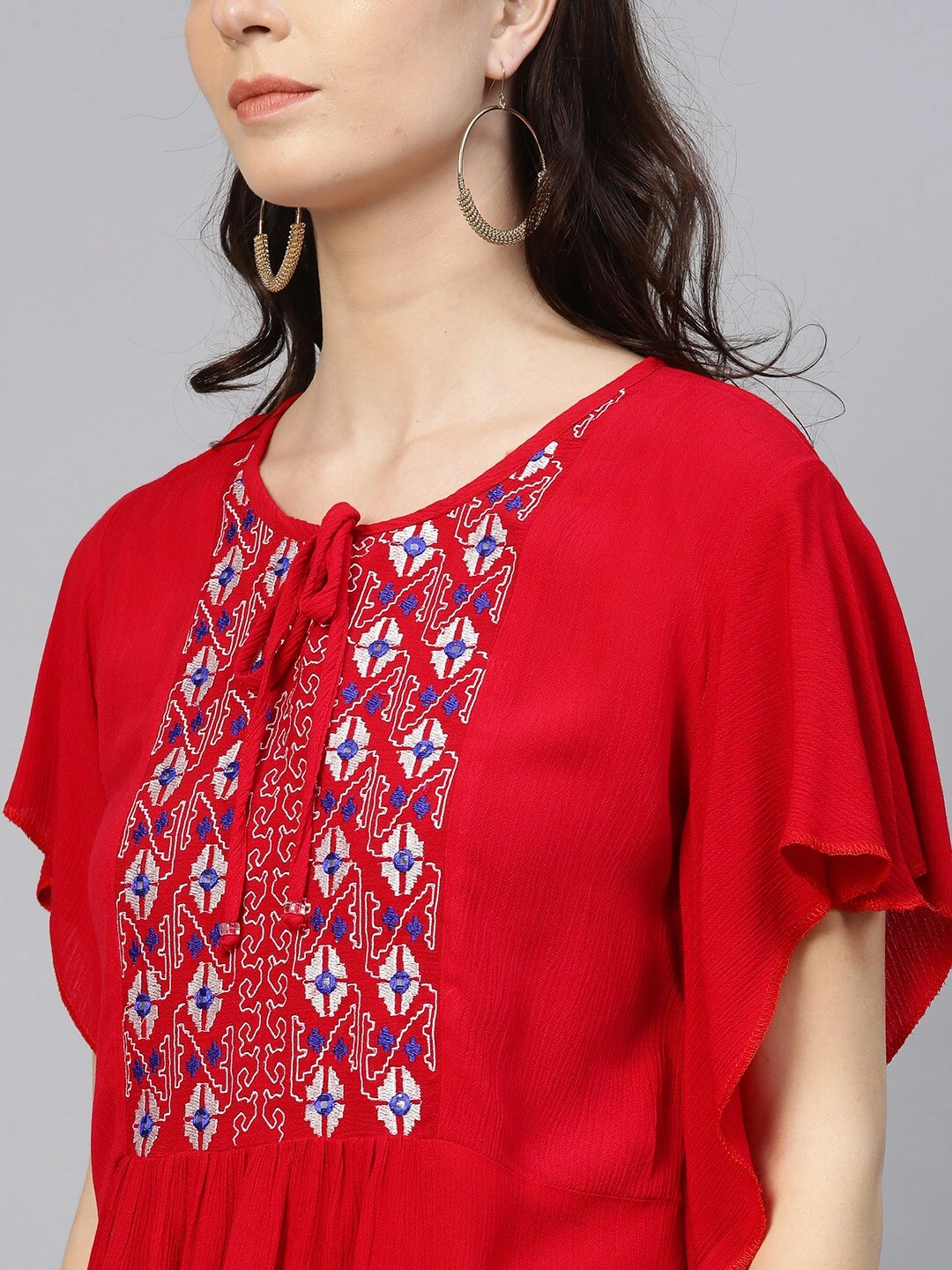 Bhama Couture Women Red Embroidered Detail A-Line Top-L-3