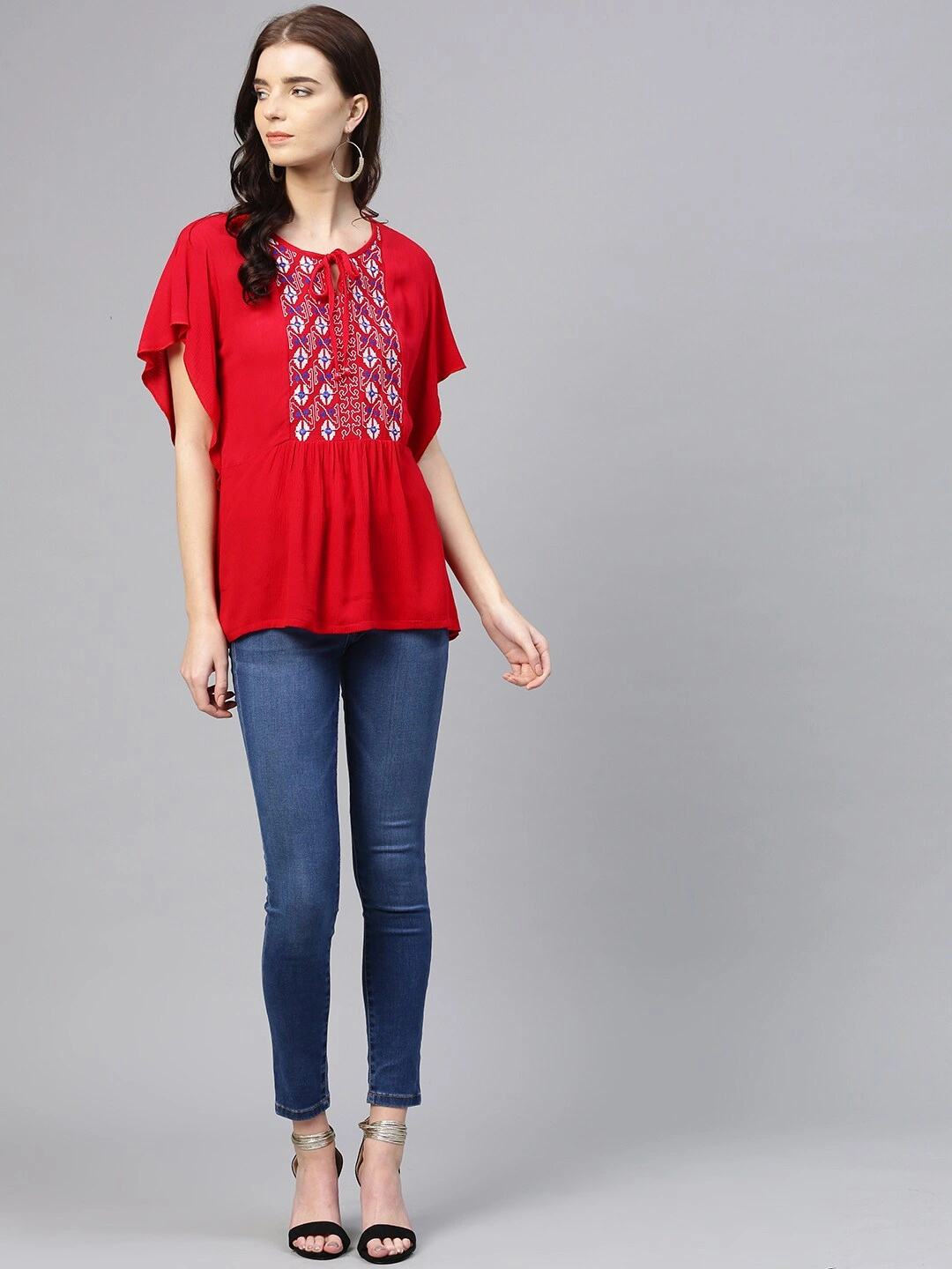 Bhama Couture Women Red Embroidered Detail A-Line Top-L-4