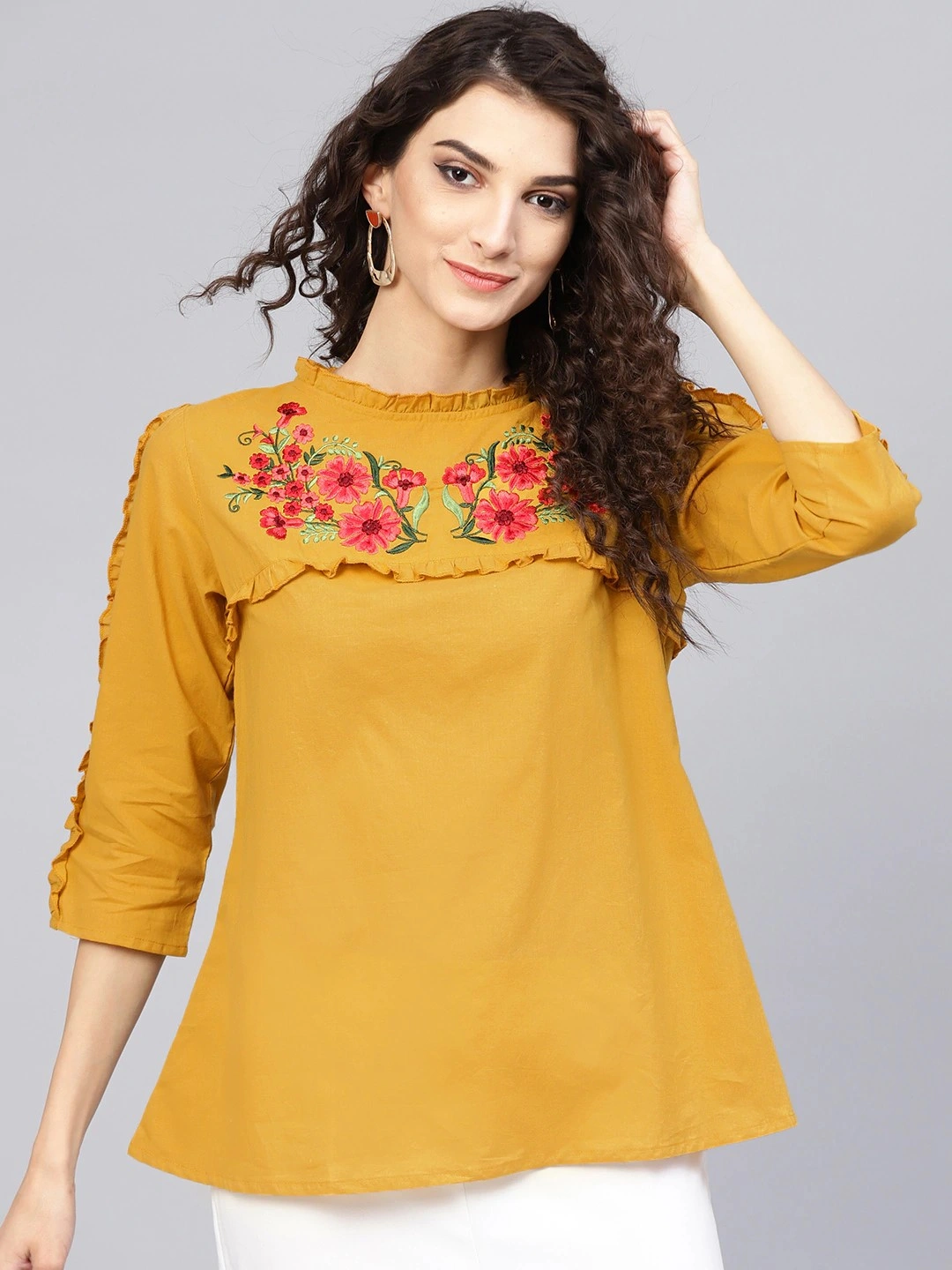 Bhama Couture Women Mustard Yellow Solid A-Line Top-TOP097_L