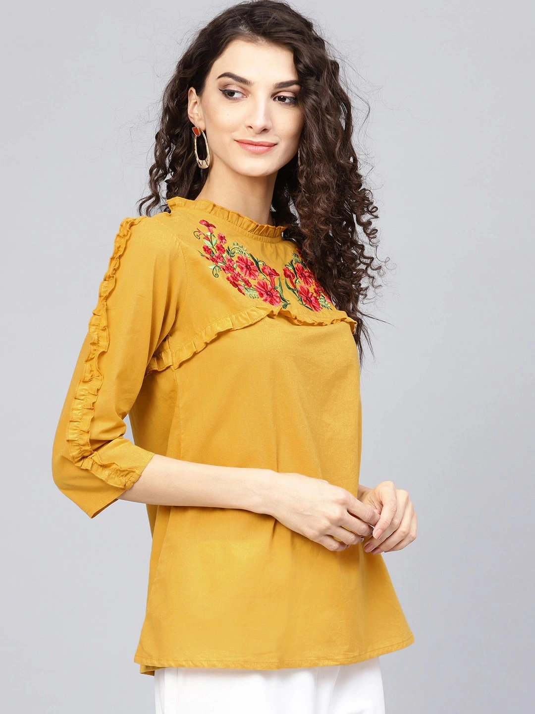 Bhama Couture Women Mustard Yellow Solid A-Line Top-L-1