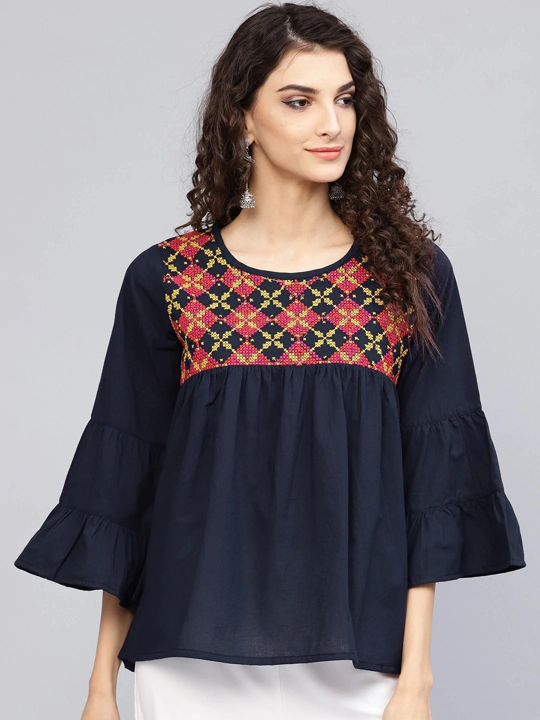 Bhama Couture Women Navy Blue Embroidered A-Line Top-TOP101_L