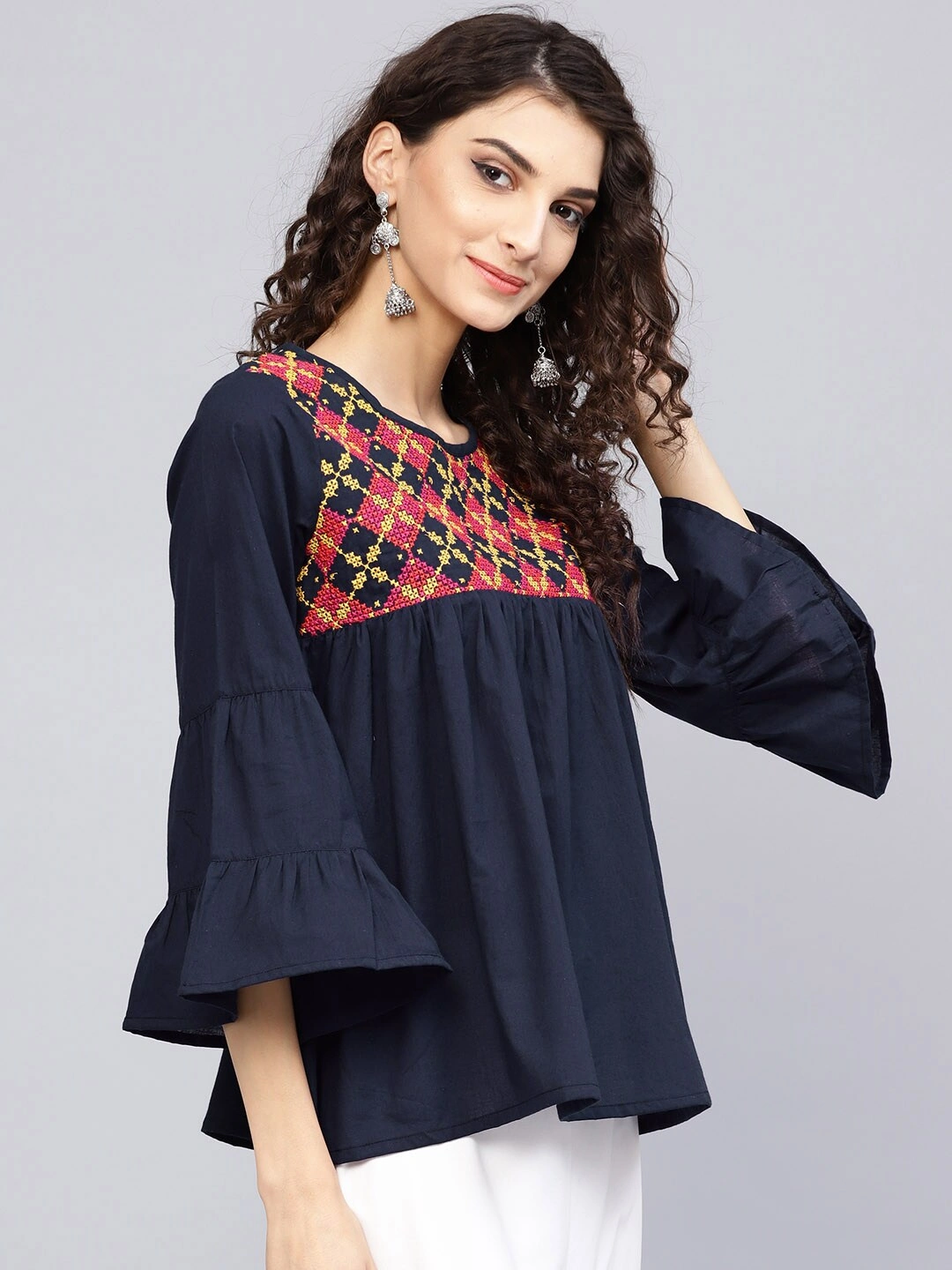 Bhama Couture Women Navy Blue Embroidered A-Line Top-L-1