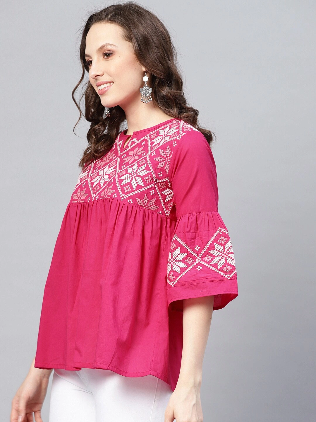 Bhama Couture Women Pink Embroidered Empire Top-L-1