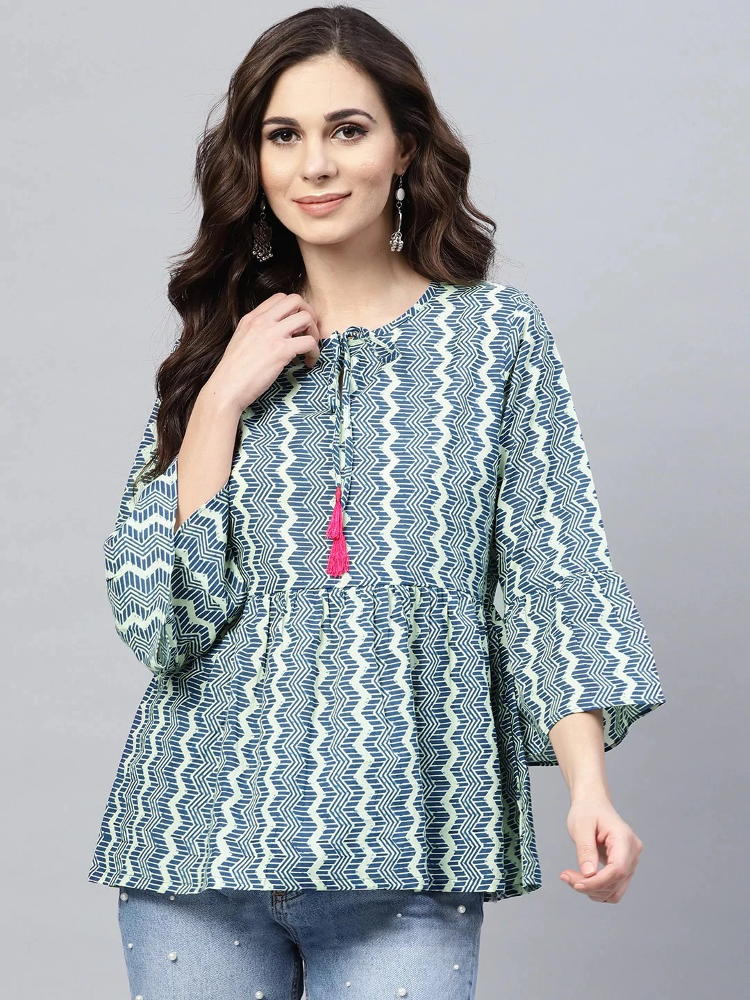 Bhama Couture Women Blue &amp; Off-White Chevron Print A-Line Top-TOP108_L