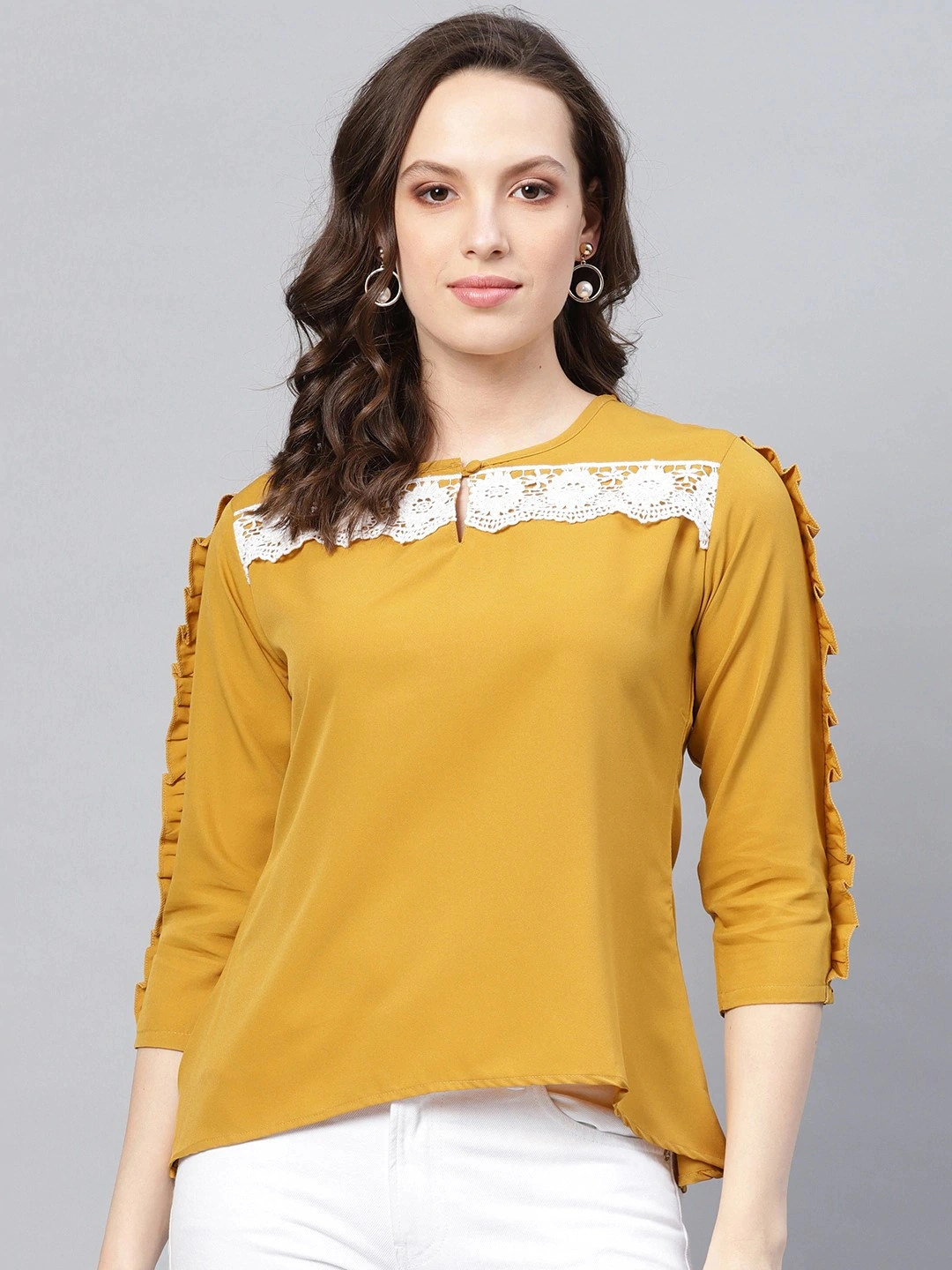 Bhama Couture Women Mustard Yellow Solid High-Low Top-TOP109_L