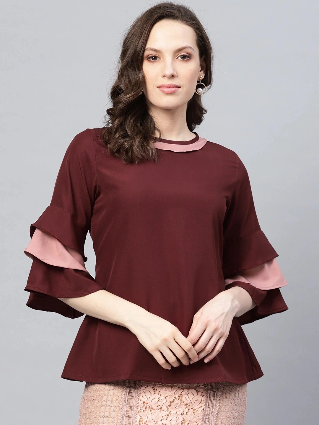 Bhama Couture Women Burgundy Solid A-Line Top-TOP111_L