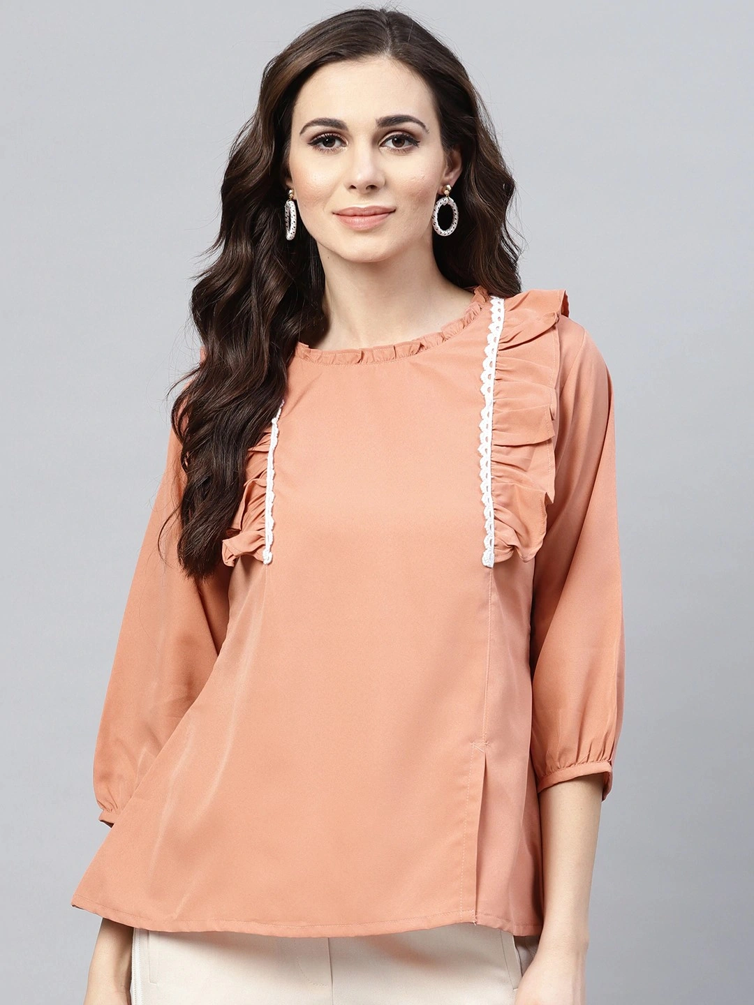 Bhama Couture Women Peach-Coloured Solid A-Line Top-TOP115_L