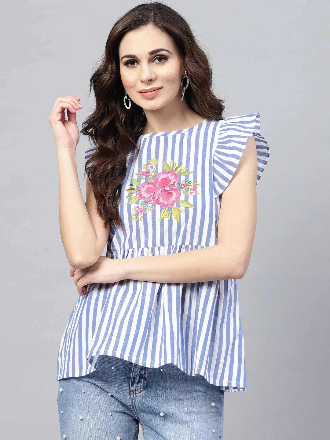 Bhama Couture Women Blue &amp; White Striped A-Line Top-TOP116_L