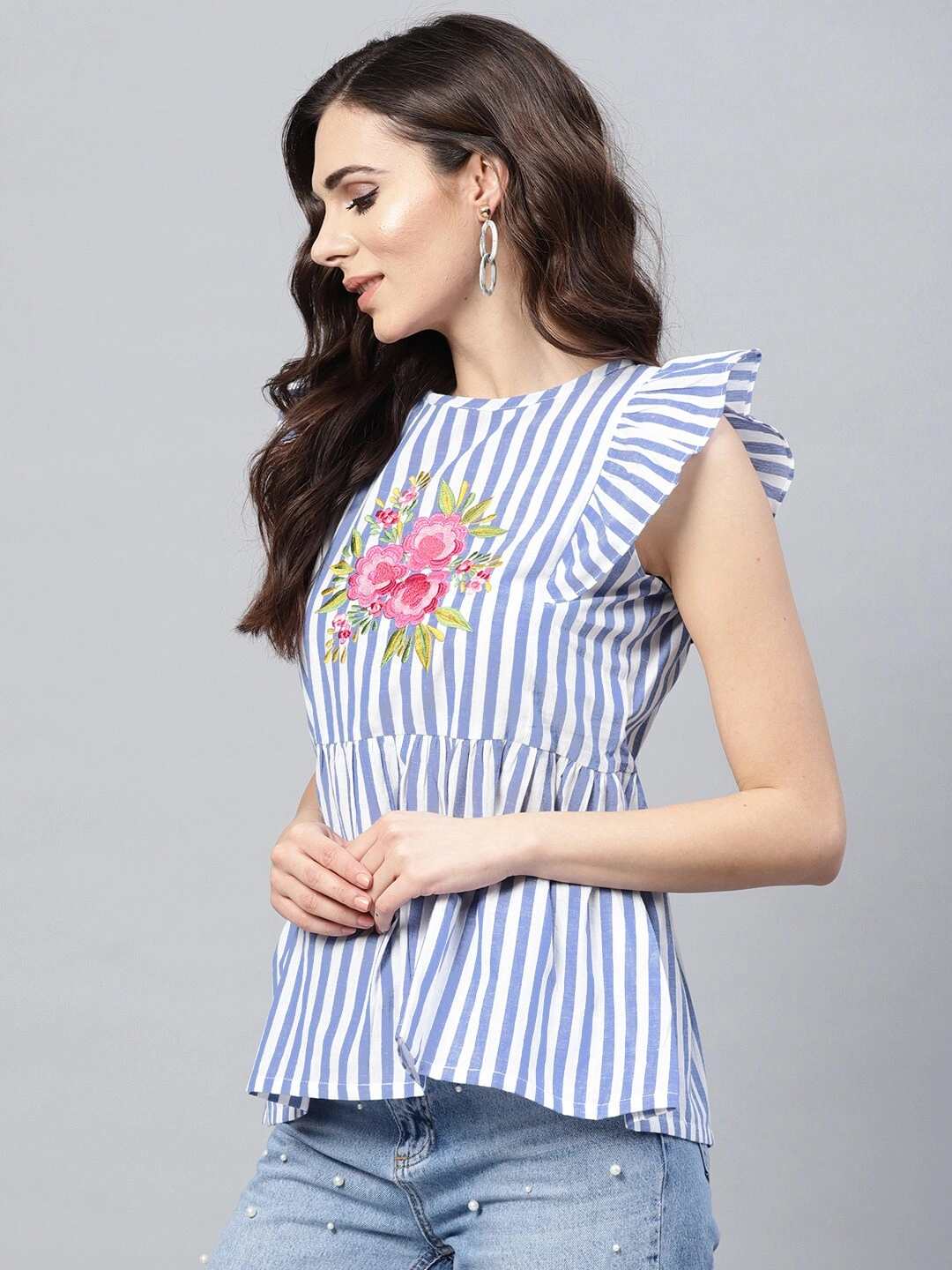 Bhama Couture Women Blue &amp; White Striped A-Line Top-L-1