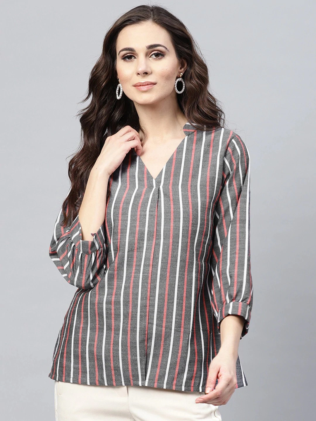 Bhama Couture Women Charcoal Grey &amp; Red Striped A-Line Top-TOP117_M