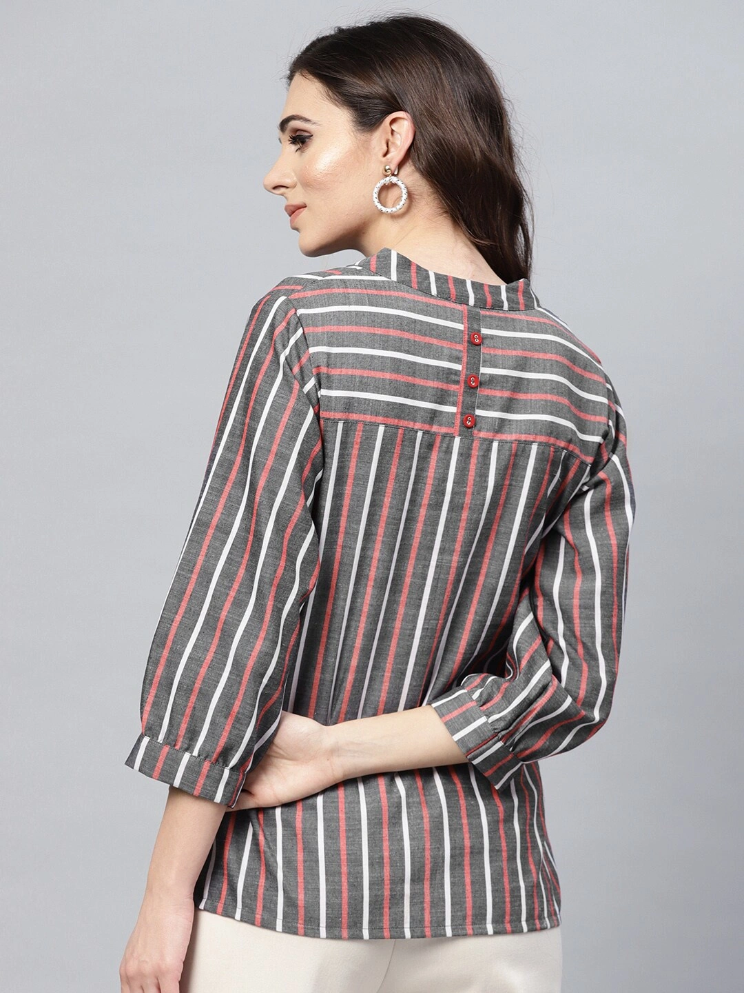 Bhama Couture Women Charcoal Grey &amp; Red Striped A-Line Top-M-2