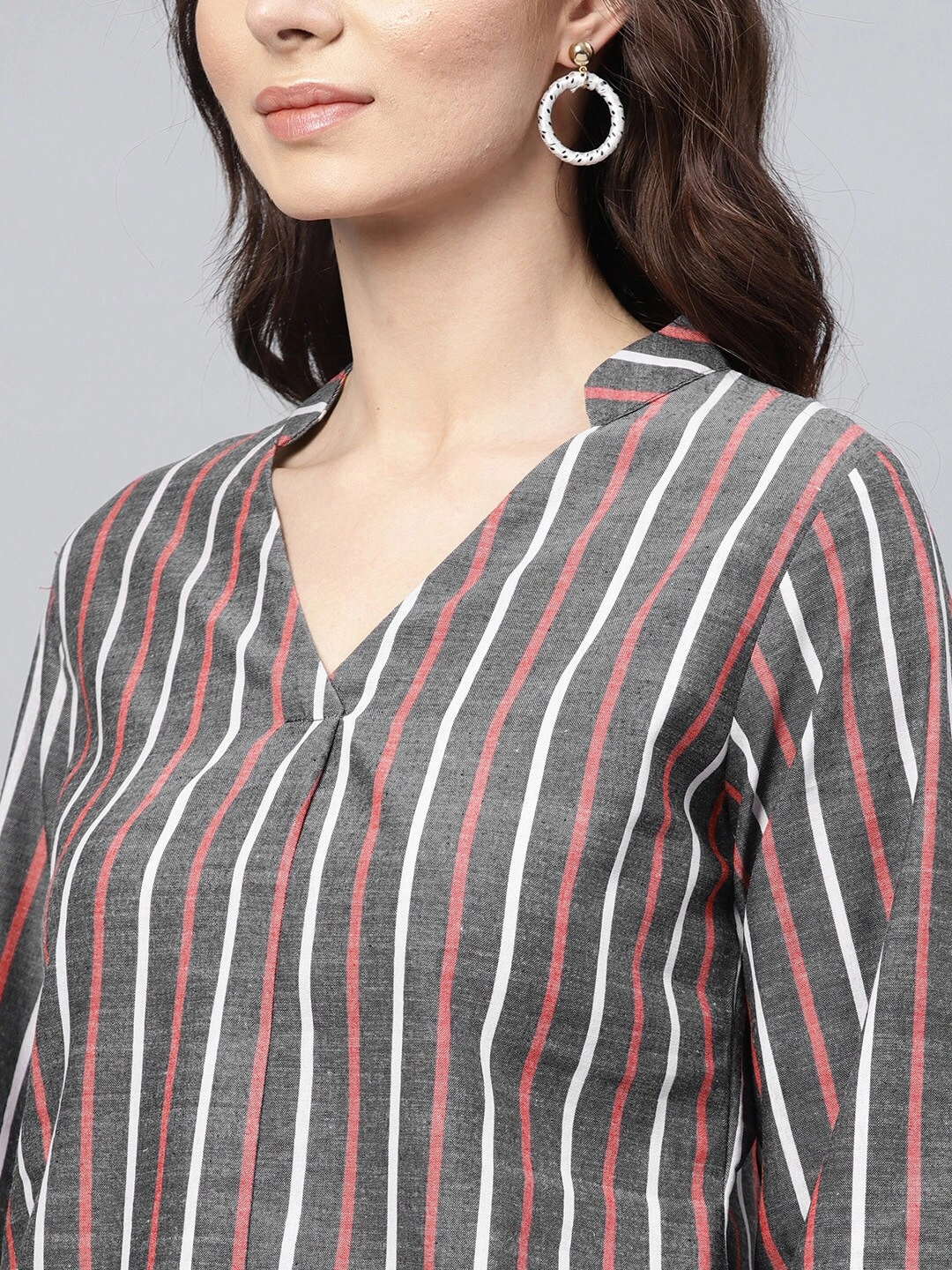 Bhama Couture Women Charcoal Grey &amp; Red Striped A-Line Top-M-3