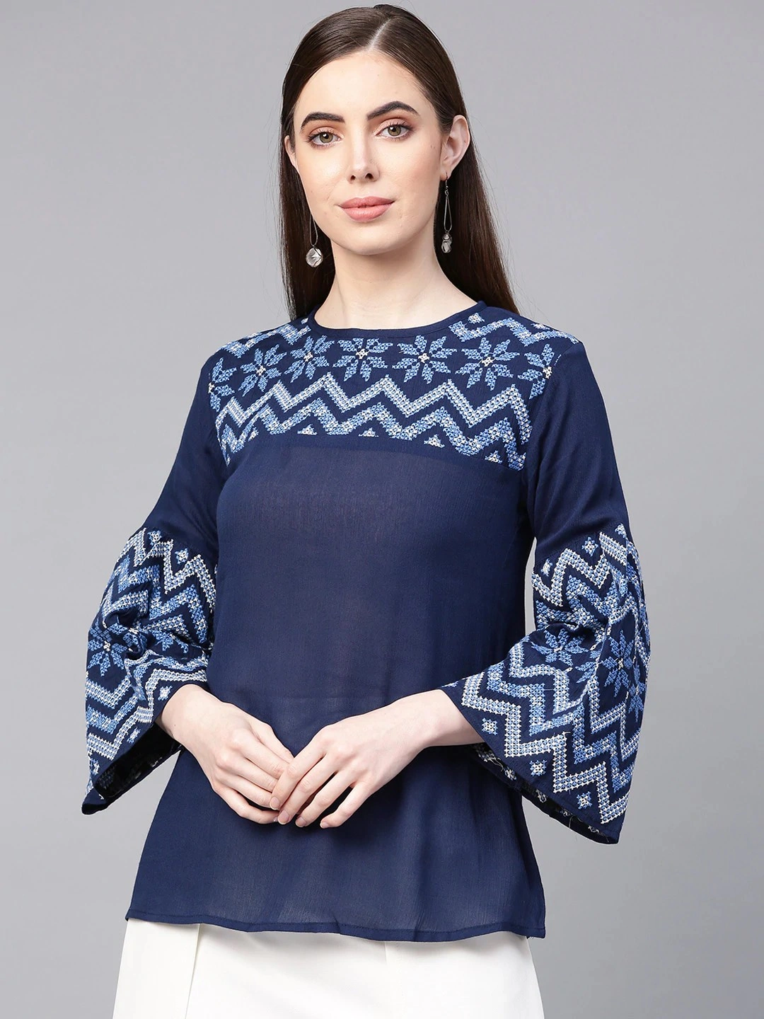 Bhama Couture Women Navy Blue Embroidered Detail Top-TOP127_XL