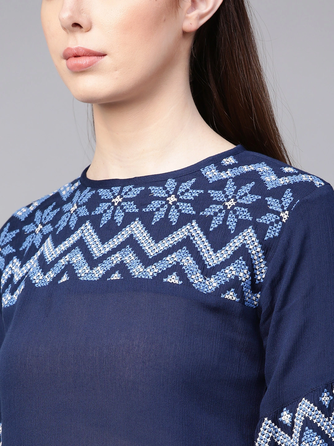 Bhama Couture Women Navy Blue Embroidered Detail Top-XL-3