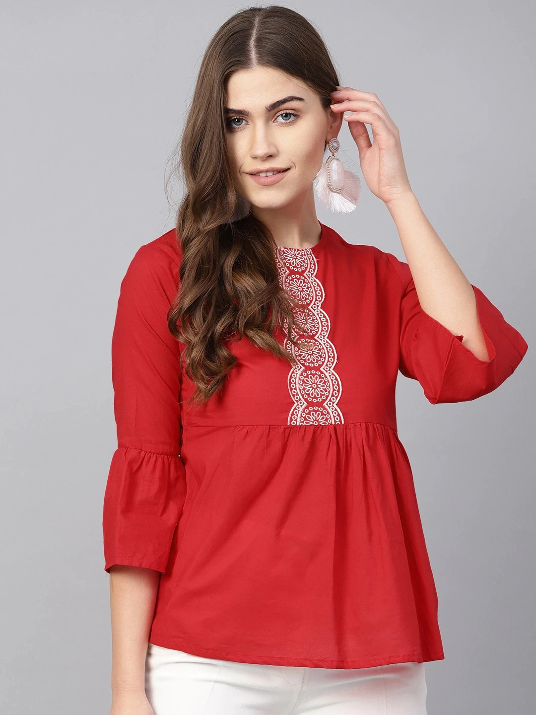 Bhama Couture Women Red &amp; White Embroidered Detail Empire Top-TOP128_L