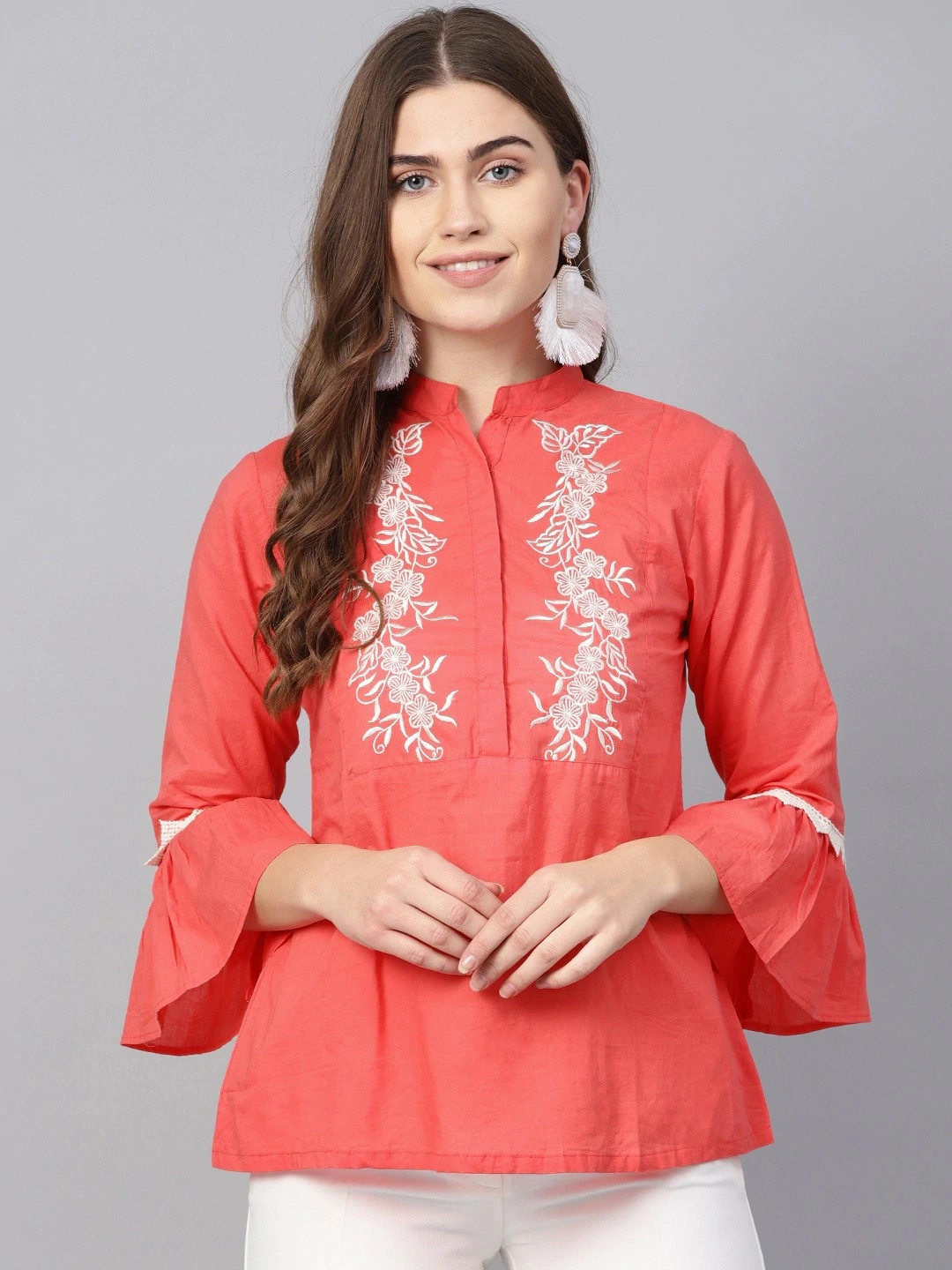 Bhama Couture Women Coral Pink &amp; White Embroidered Detail Shirt Style Top-TOP129_L