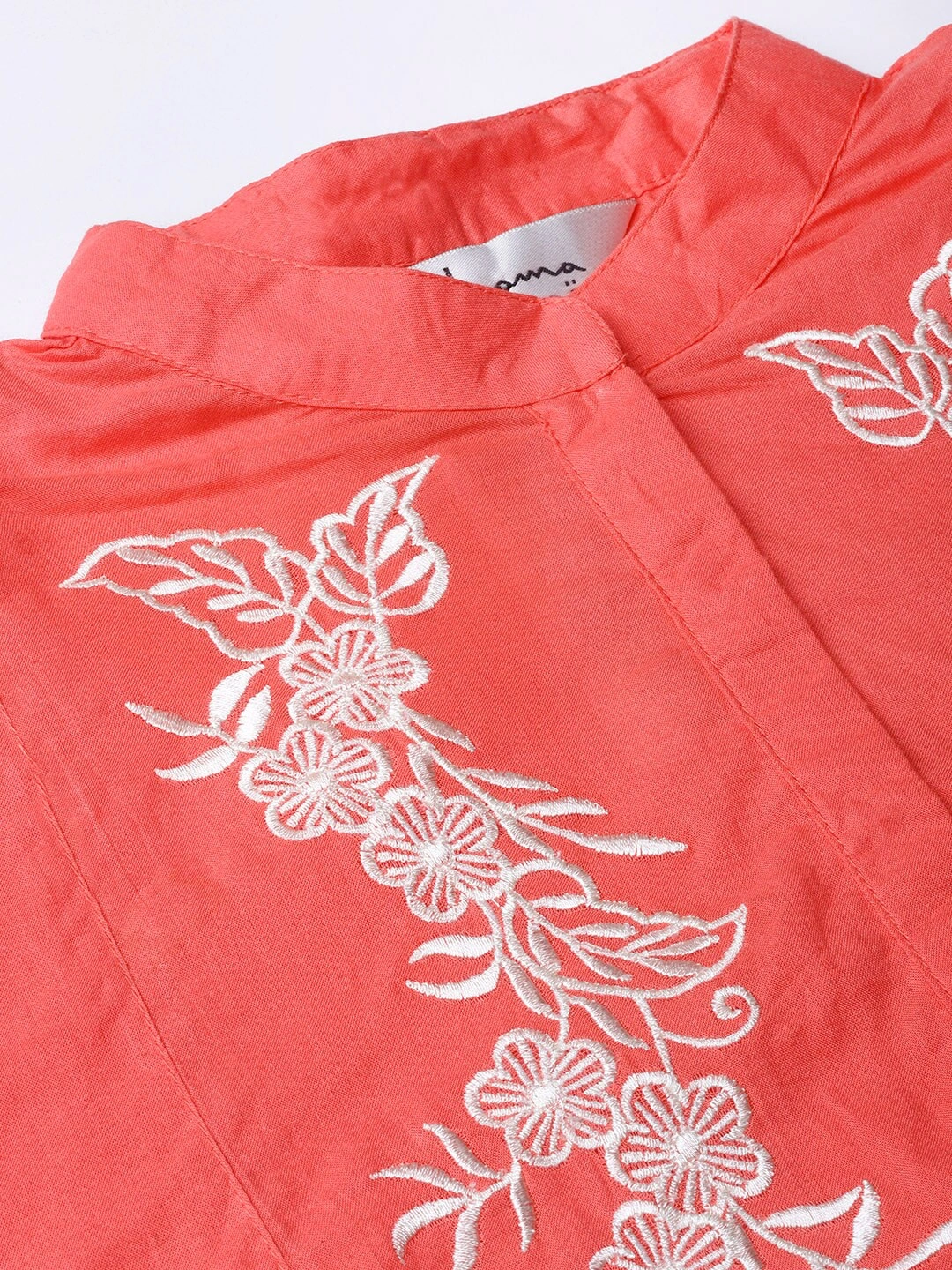 Bhama Couture Women Coral Pink &amp; White Embroidered Detail Shirt Style Top-L-3