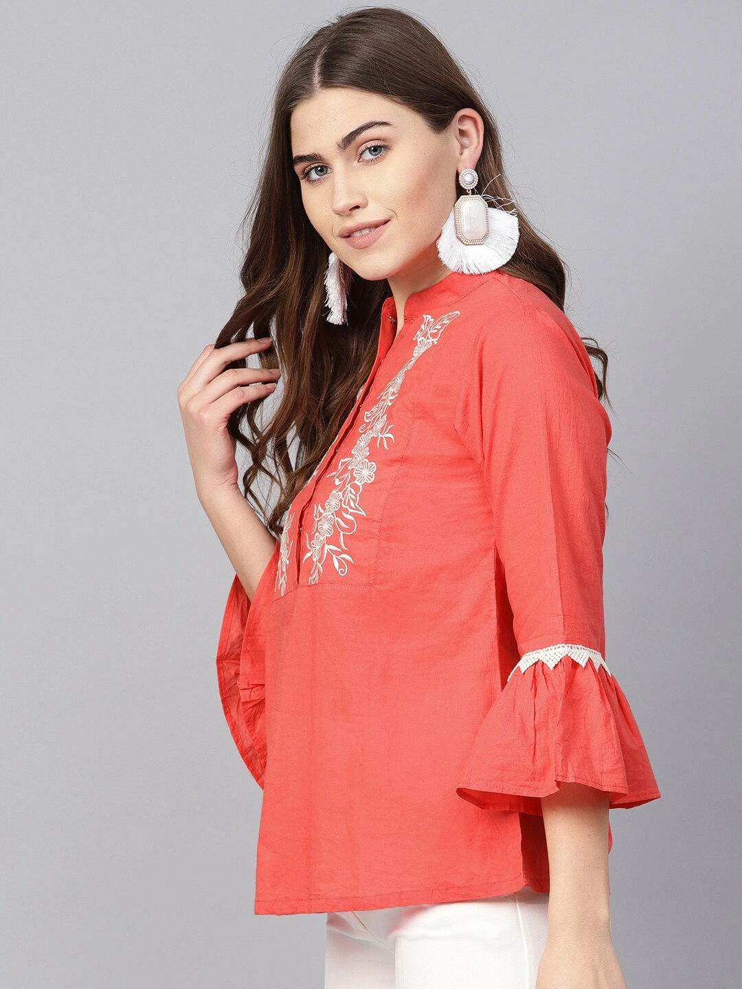 Bhama Couture Women Coral Pink &amp; White Embroidered Detail Shirt Style Top-XL-1