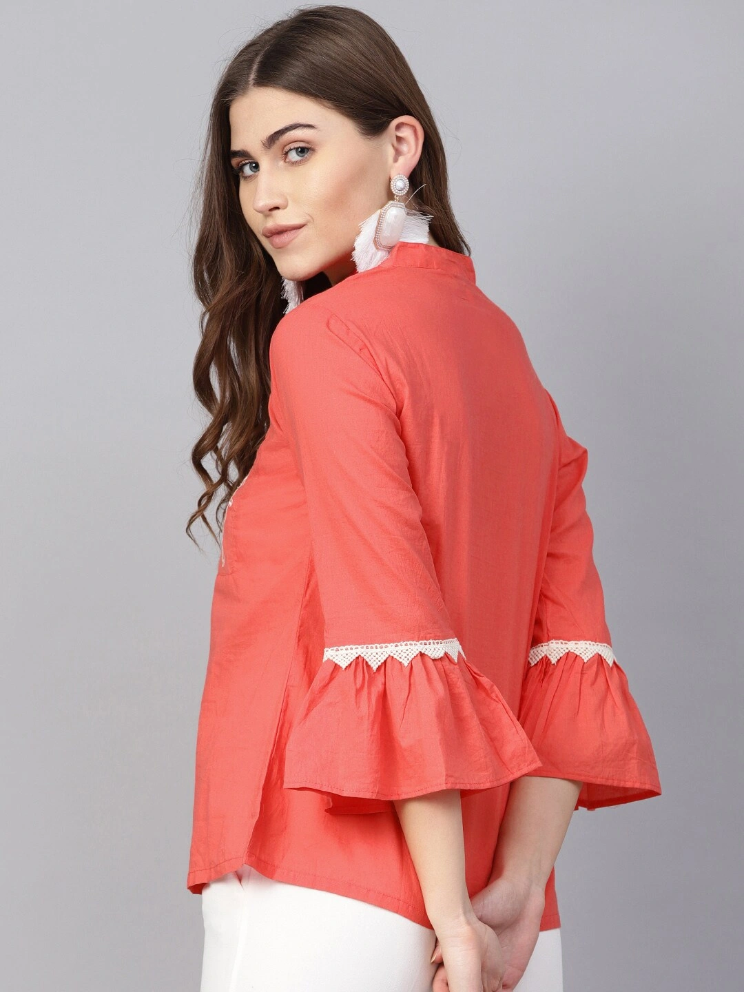 Bhama Couture Women Coral Pink &amp; White Embroidered Detail Shirt Style Top-XL-2