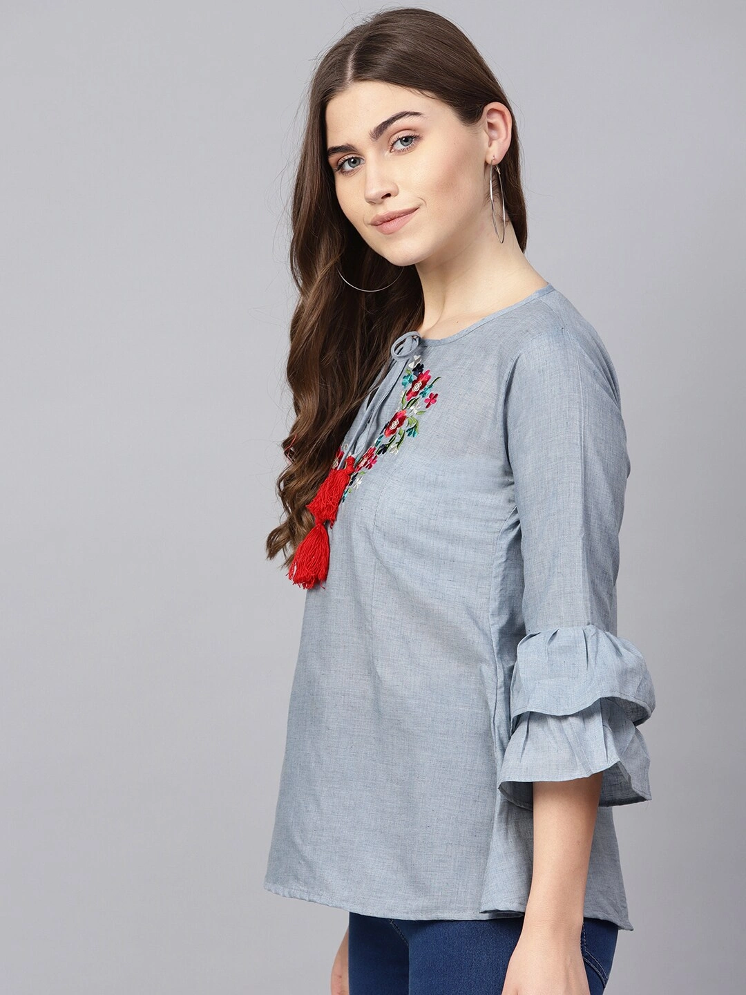 Bhama Couture Women Blue Embroidered Detail Chambray A-Line Top-L-1