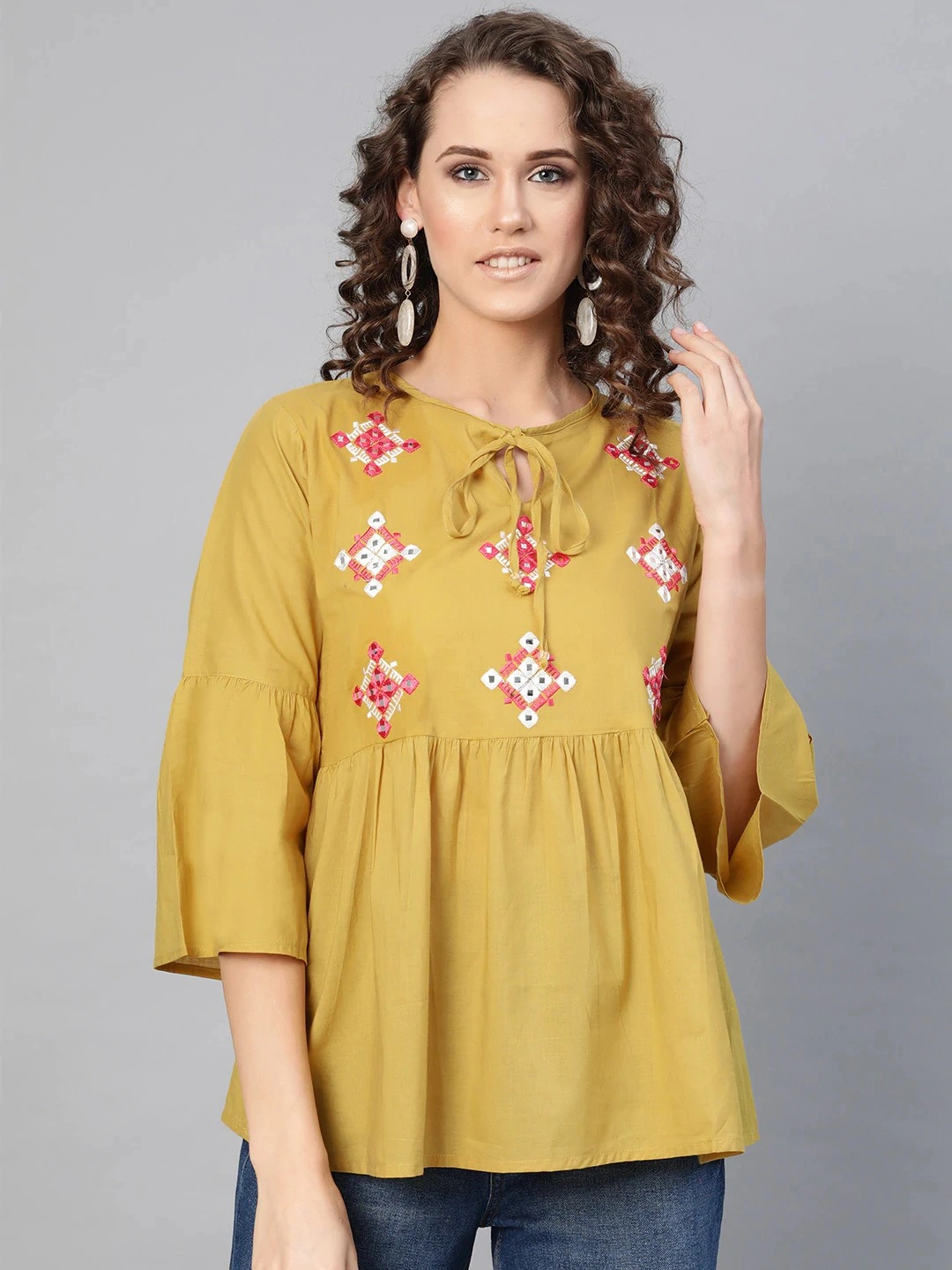 Bhama Couture Women Mustard Yellow Solid Mirror Work A-Line Top-TOP136_L