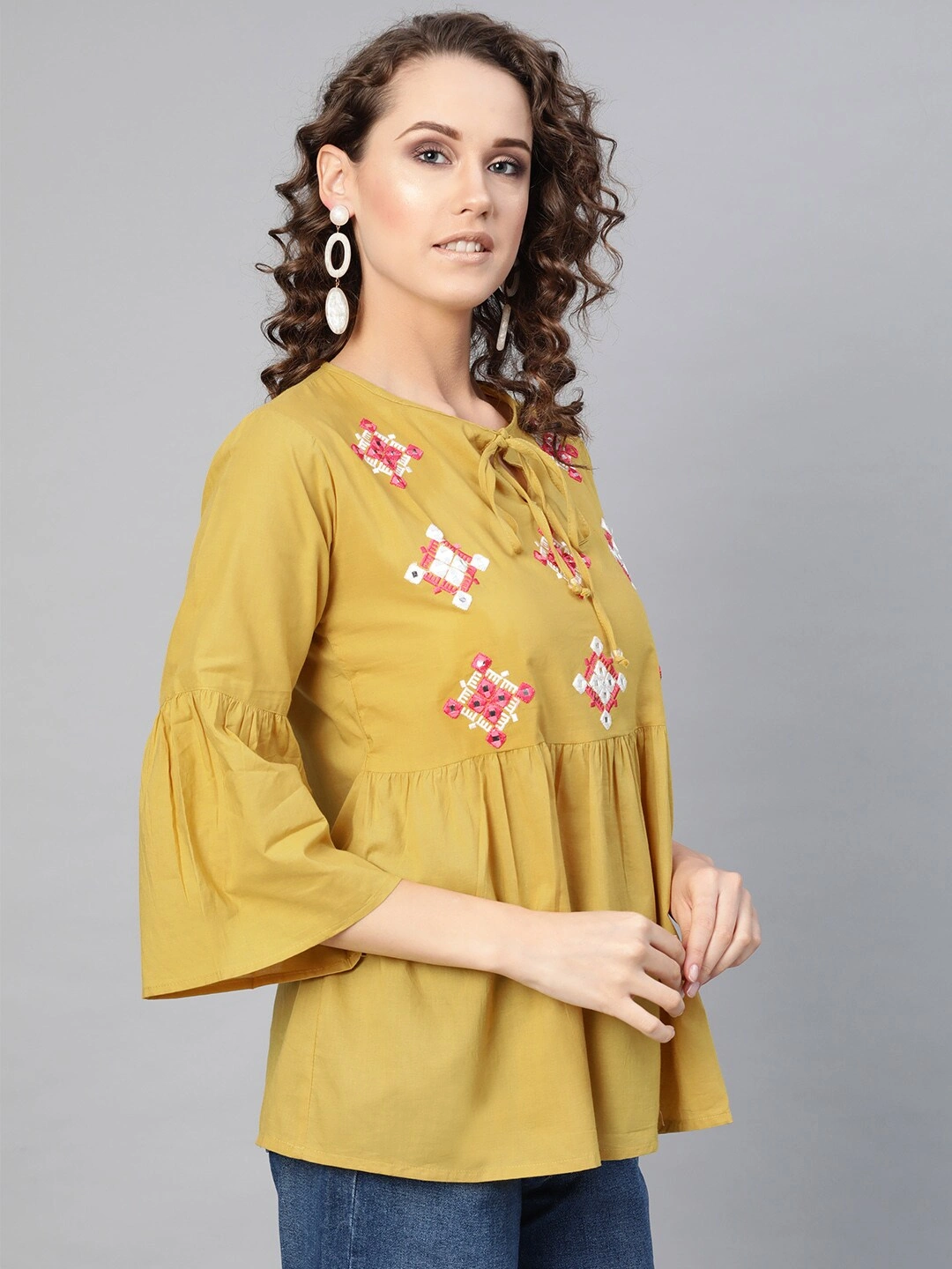 Bhama Couture Women Mustard Yellow Solid Mirror Work A-Line Top-L-1