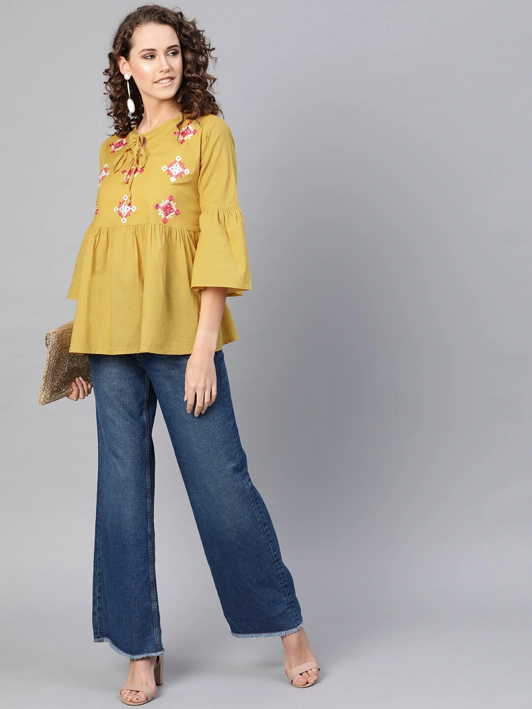 Bhama Couture Women Mustard Yellow Solid Mirror Work A-Line Top-L-4