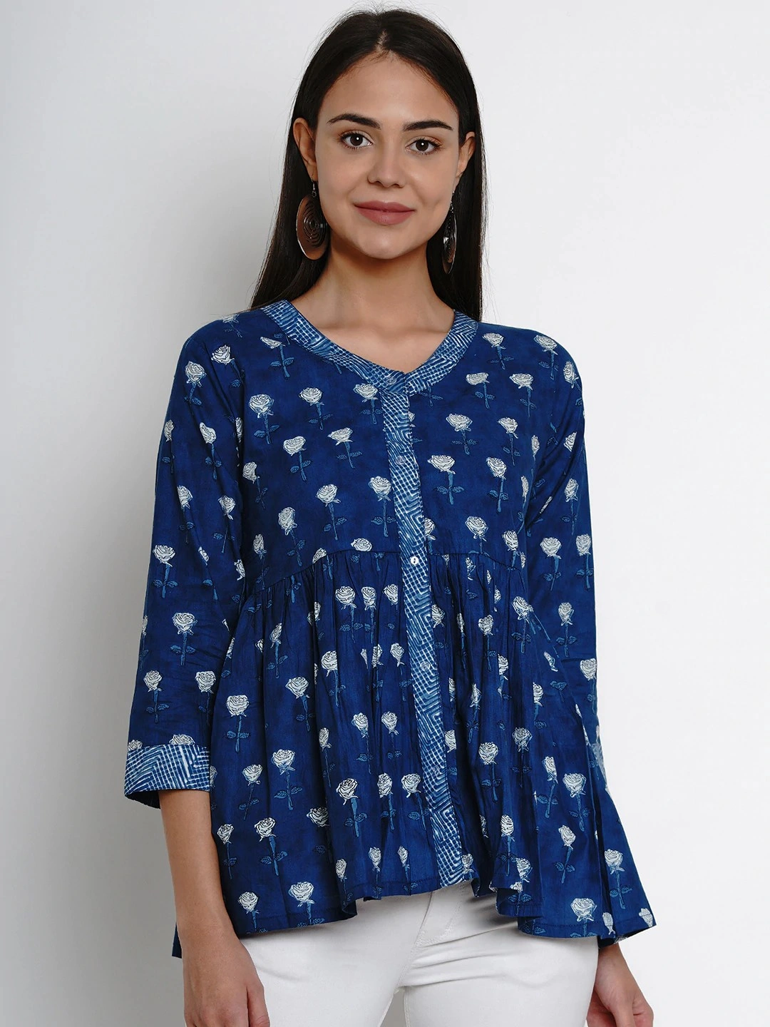 Bhama Couture Women Blue Printed Peplum Top-TOP138_L