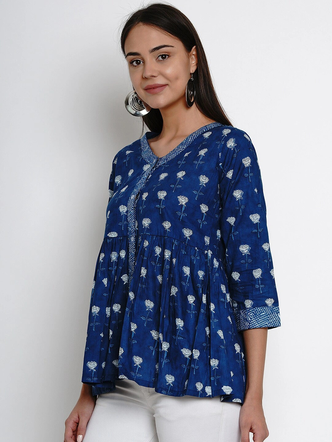 Bhama Couture Women Blue Printed Peplum Top-L-1