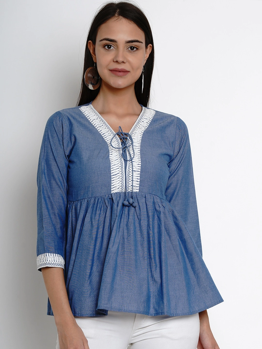 Bhama Couture Women Blue Lace Detail Empire Top-TOP141_L