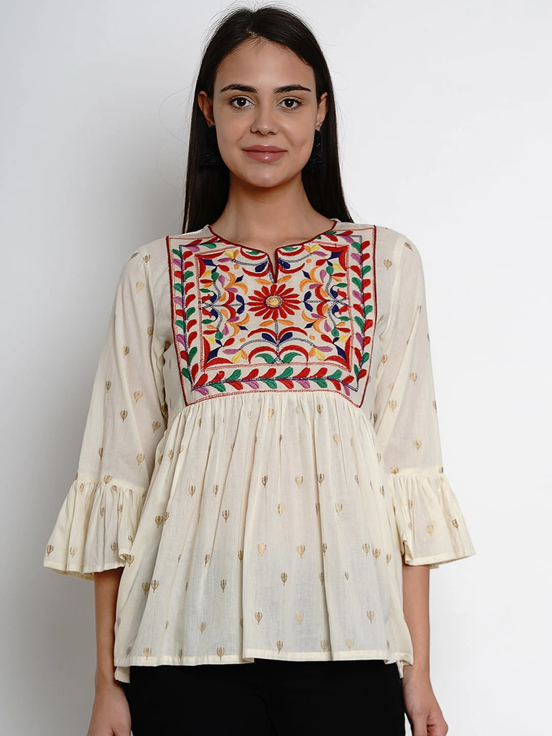 Bhama Couture Women Off-White &amp; Red Embroidered Peplum Top-TOP144_L