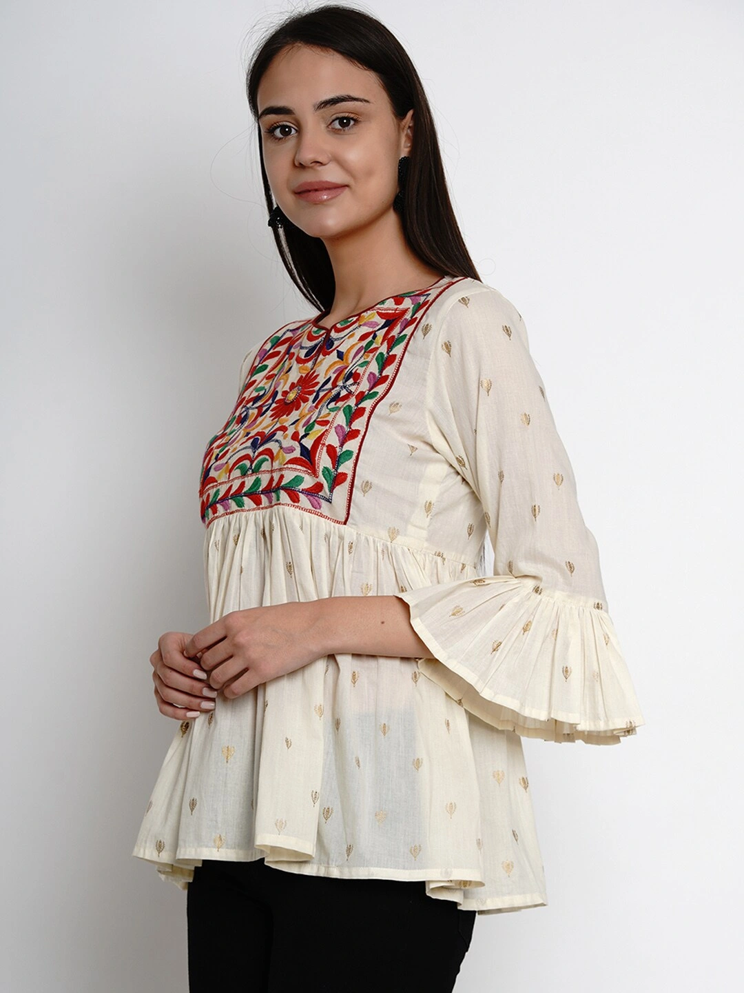 Bhama Couture Women Off-White &amp; Red Embroidered Peplum Top-L-1