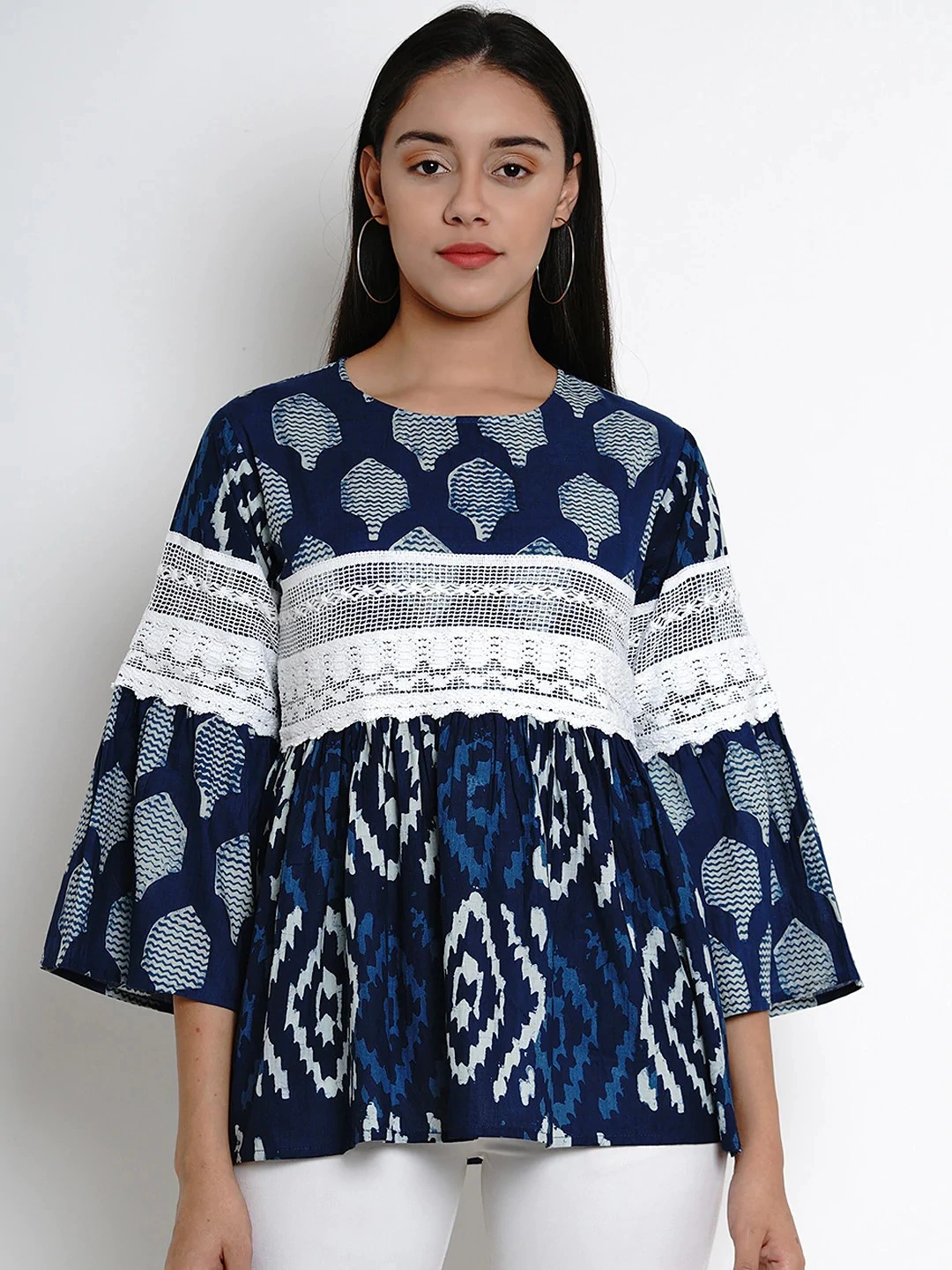 Bhama Couture Women Blue &amp; Off-White Printed Peplum Top-TOP148_L