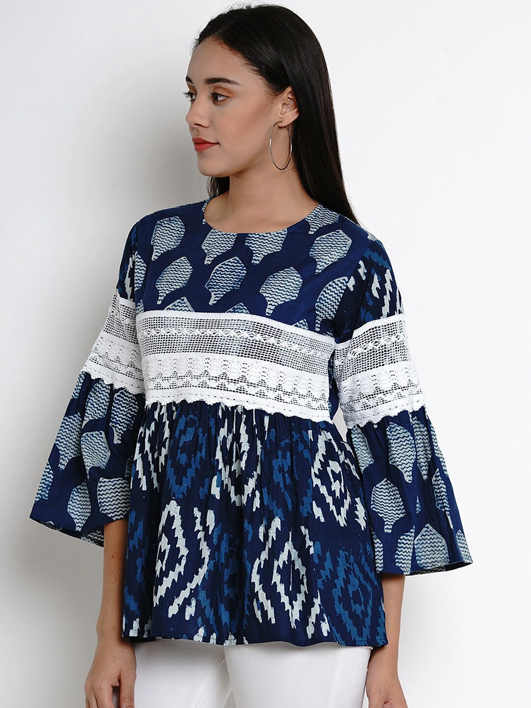 Bhama Couture Women Blue &amp; Off-White Printed Peplum Top-L-1