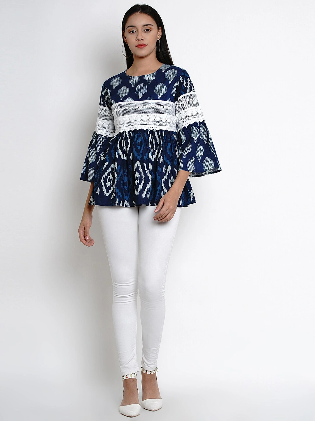 Bhama Couture Women Blue &amp; Off-White Printed Peplum Top-L-5